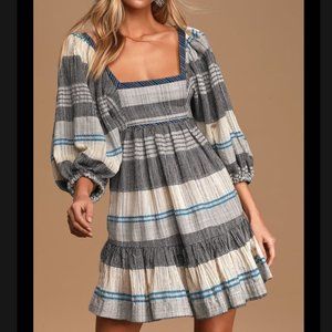 NWT Free People Blue Gray Puff Sleeve Knit Mini Dress